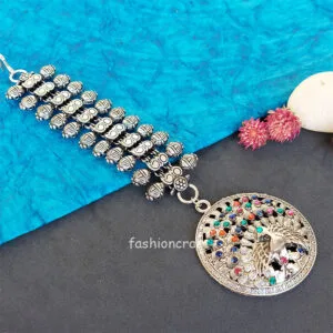 Big Size Oxidised Silver Maang Tikka for Garba