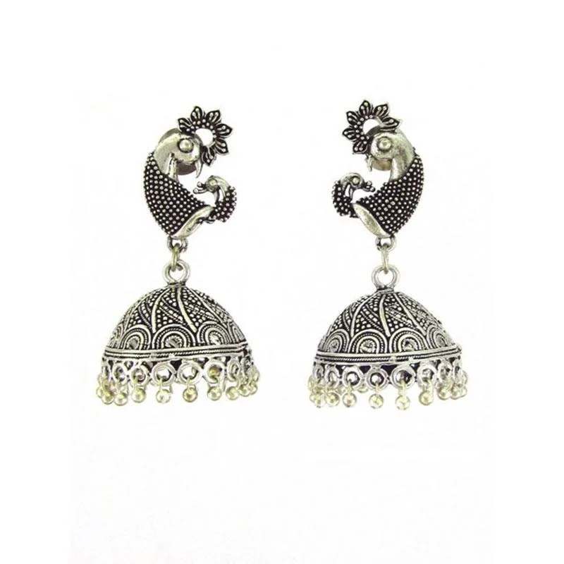 Designer Oxidised Silver Jhumkis with Peacock Style