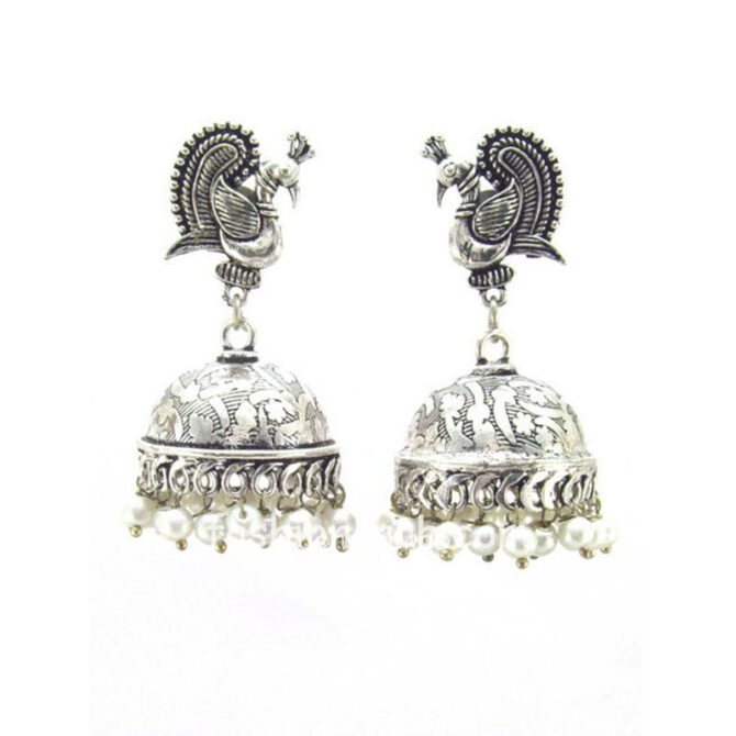 Unique Designer Peacock Style Oxidised Silver Jhumkis