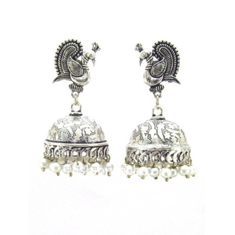 Unique Designer Peacock Style Oxidised Silver Jhumkis