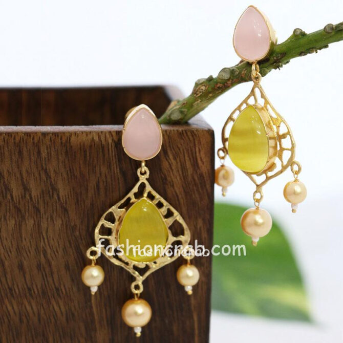 Designer Earring Set with Pink and Yellow Stone Designer Earring Set with Pink and Yellow Stone