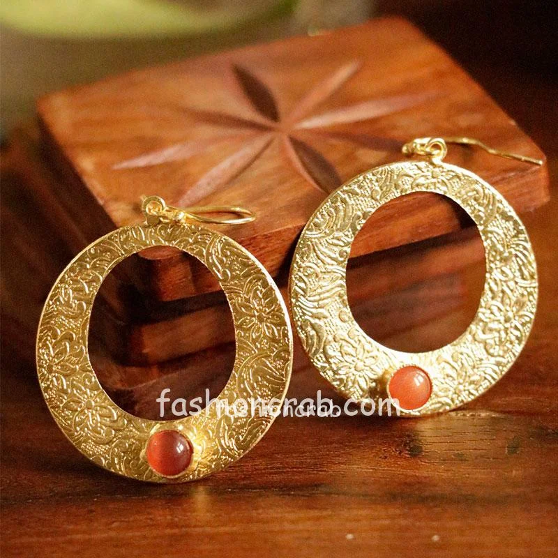 Designer Round Shape Earring with Peach Color Stone