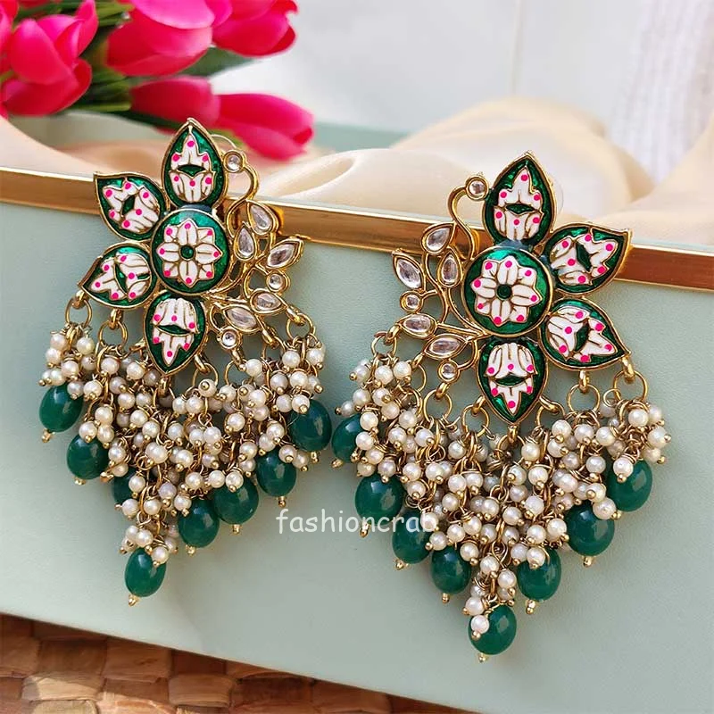 Green Color Enamel Pearl Embellished Chandbali Earring