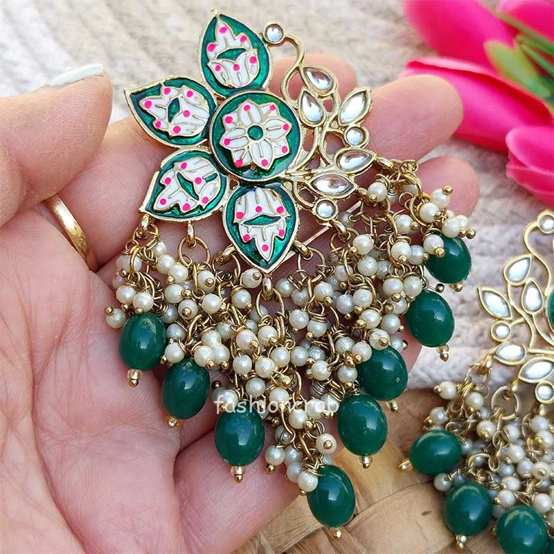 Green Color Enamel Pearl Embellished Chandbali Earring