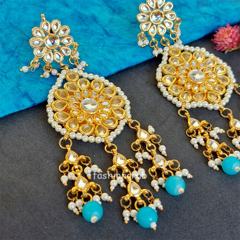 Blue Pearl Kundan Earrings for Saree
