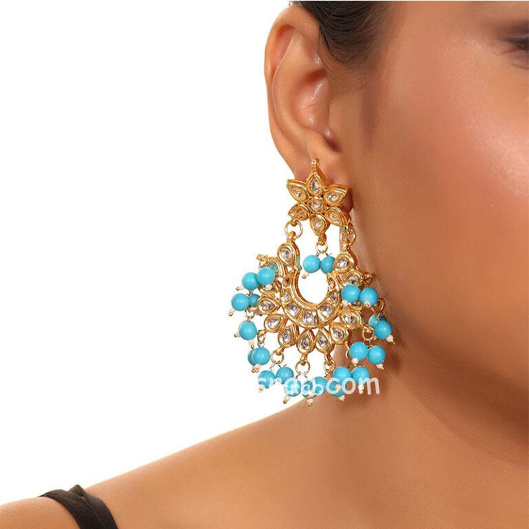 Kundan Women Earrings with Hanging Blue Pearls
