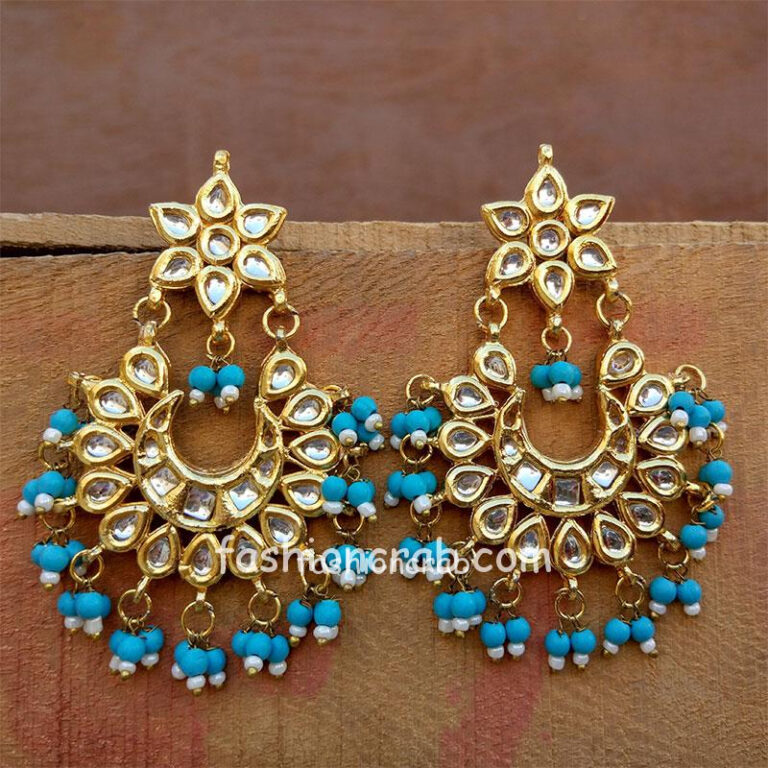Kundan Women Earrings with Hanging Blue Pearls