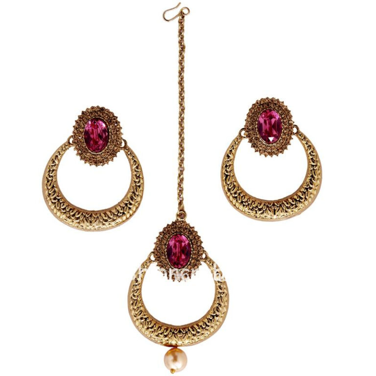 Pink Crystal Studded Earring with Maangtika