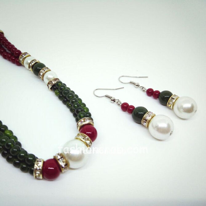 Green Red Pearl Mala with Earrings