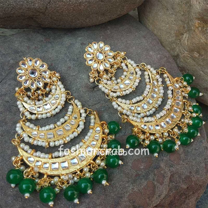 Green Pearl Layered Chandbali Earring for Wedding