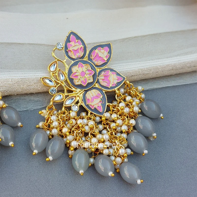 Grey Enamel Pearl Embellished Chandbali Earring