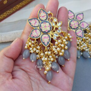 Grey Enamel Pearl Embellished Chandbali Earring