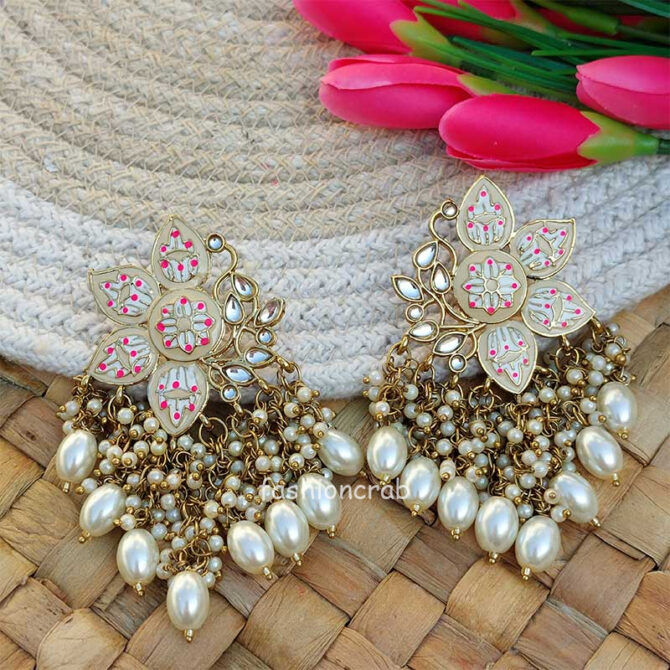 White Enamel Pearl Embellished Chandbali Earring