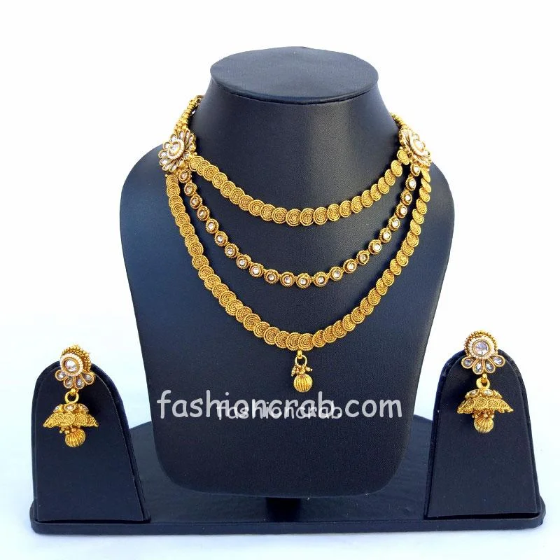 3 Layered Golden Bridal Necklace Set