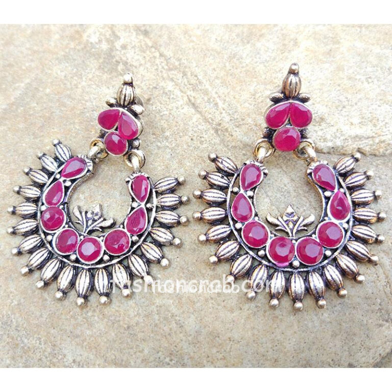 Oxidised German Silver Earring with Pink Stone