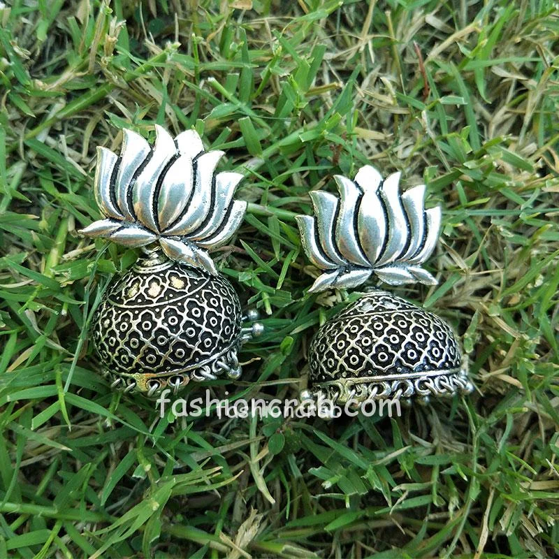 Oxidised Silver Lotus Jhumka Earring