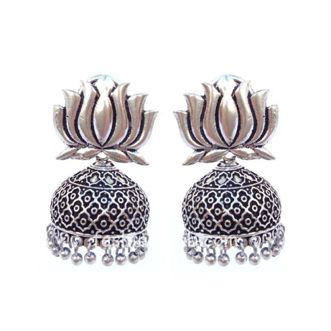 Oxidised Silver Lotus Jhumka Earring