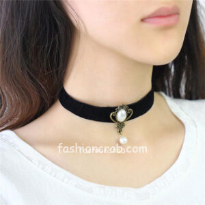 Black Choker Necklace with Pearl Drop