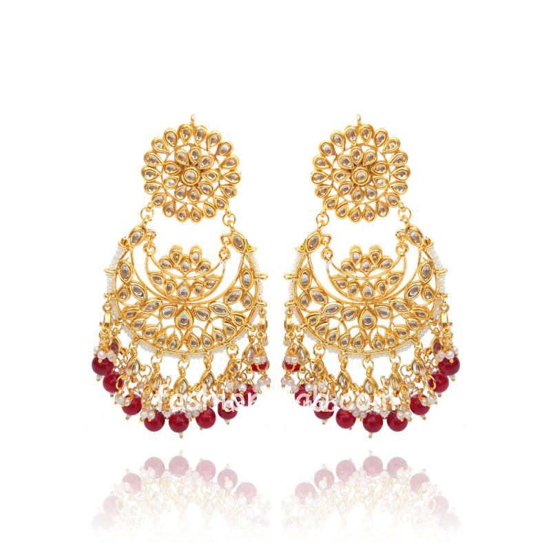 Kundan Chandbali Earring with Red and White Pearl | FashionCrab.com