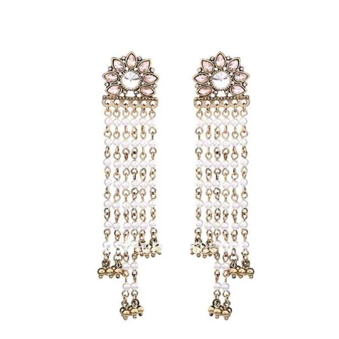 Golden White Pearl Long Wedding Party Earrings for Women Golden White Pearl Long Wedding Party Earrings for Women