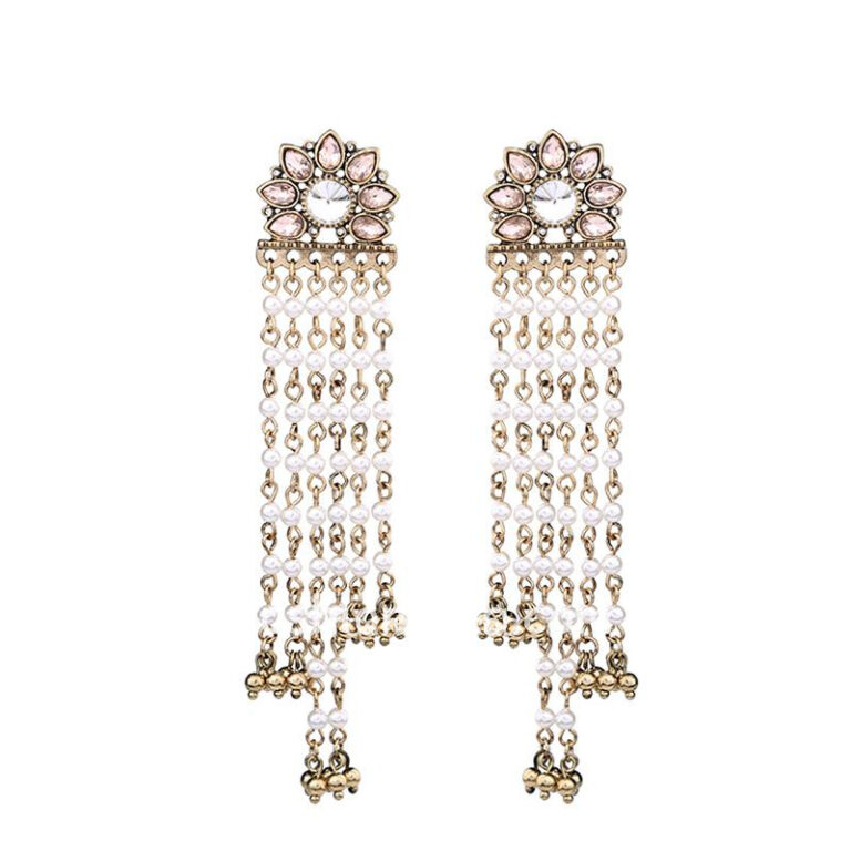 Golden White Pearl Long Wedding Party Earrings for Women