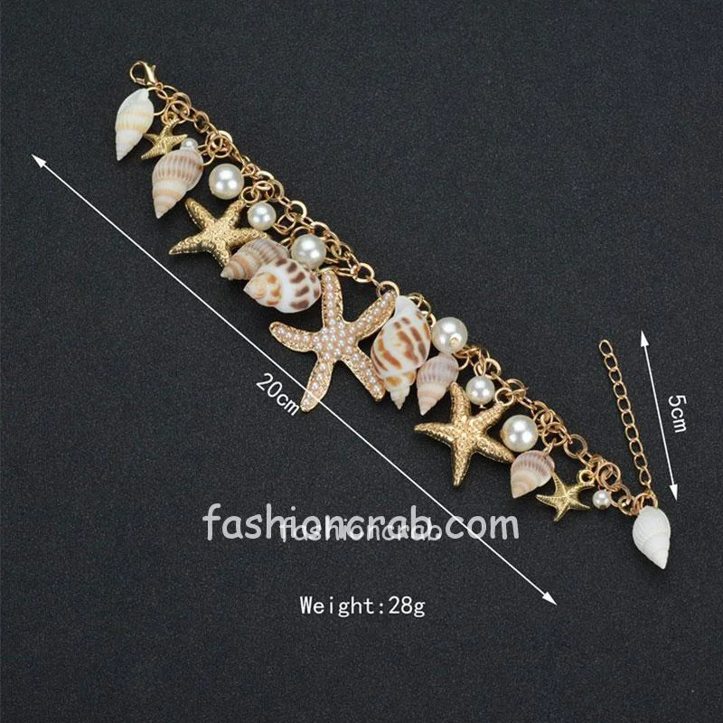 Gorgeous Pearl Like and Sea Shell Golden Chain Beach Bracelet for Girls