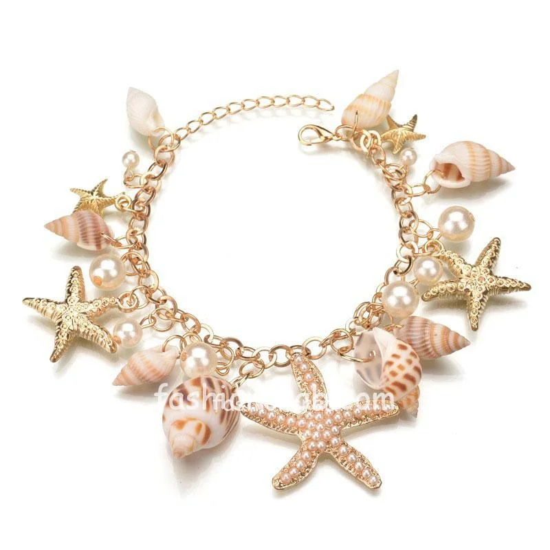 Gorgeous Pearl Like and Sea Shell Golden Chain Beach Bracelet for Girls