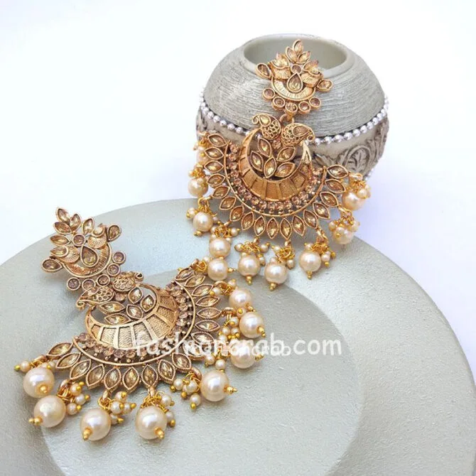 Traditional Wedding Golden Chandbali Earrings with Pearl Drops