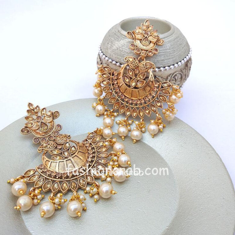 Traditional Wedding Golden Chandbali Earrings with Pearl Drops