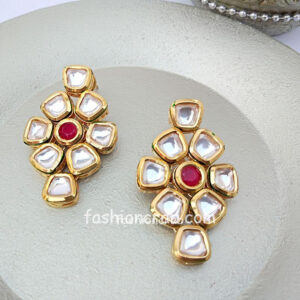 High Quality Kundan Earrings with Red Stone for Women