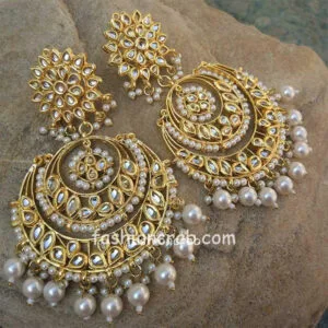 White Pearl Designer Earrings Kundan Chandbali for Shaadi