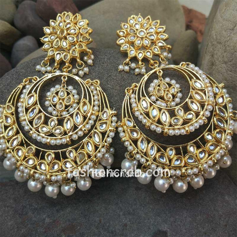 White Pearl Designer Earrings Kundan Chandbali for Women