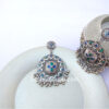 Ethnic Blue and Green Stone German Silver Drop Ghunghroo Hanging Earring