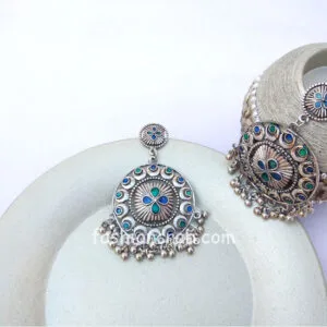 Ethnic Blue and Green Stone German Silver Drop Ghunghroo Hanging Earring