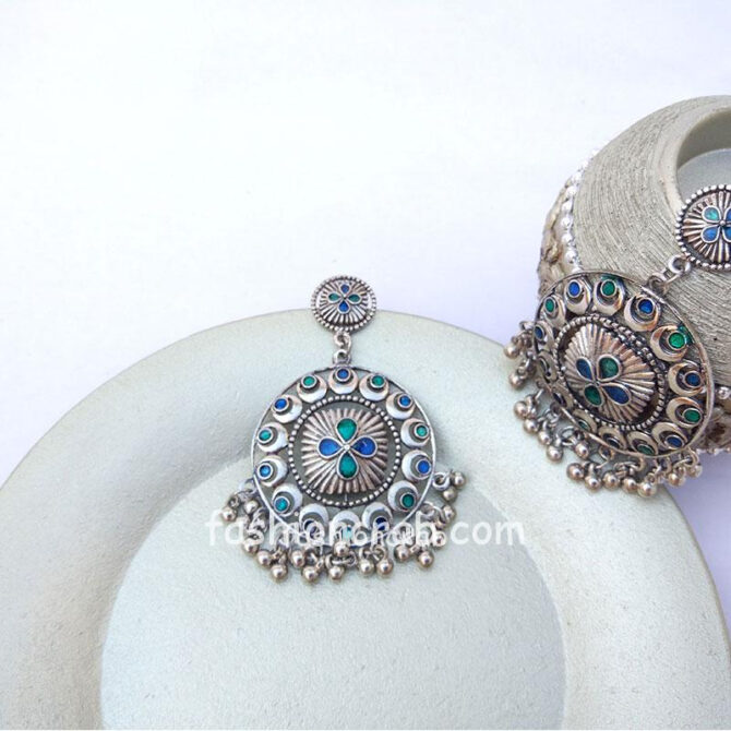 Ethnic Blue and Green Stone German Silver Drop Ghunghroo Hanging Earring Ethnic Blue and Green Stone German Silver Drop Ghunghroo Hanging Earring