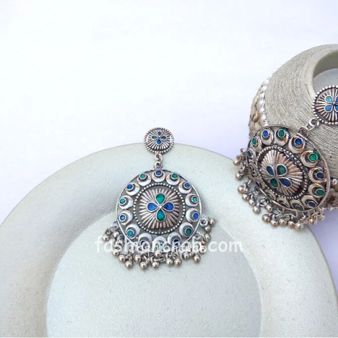 Ethnic Blue and Green Stone German Silver Drop Ghunghroo Hanging Earring Ethnic Blue and Green Stone German Silver Drop Ghunghroo Hanging Earring