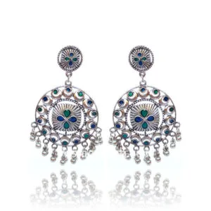 Ethnic Blue and Green Stone German Silver Drop Ghunghroo Hanging Earring