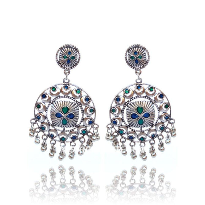 Ethnic Blue and Green Stone German Silver Drop Ghunghroo Hanging Earring