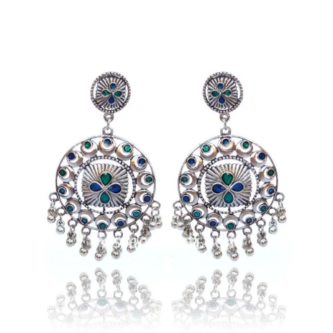 Ethnic Blue and Green Stone German Silver Drop Ghunghroo Hanging Earring