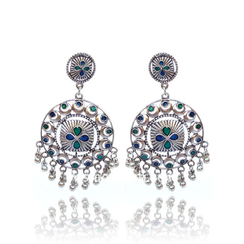 Ethnic Blue and Green Stone German Silver Drop Ghunghroo Hanging Earring