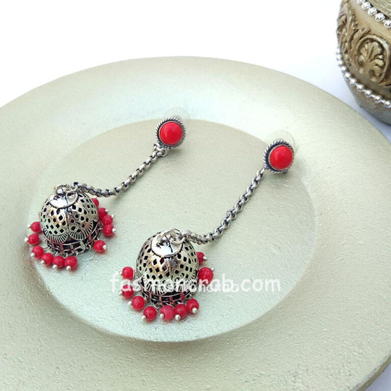 Oxidised German Silver Long Jhumka Earring with Chain