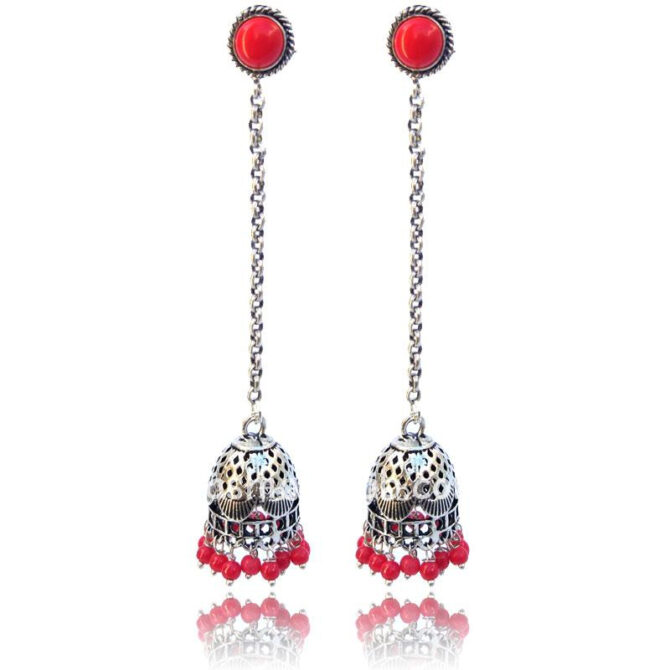 Oxidised German Silver Long Jhumka Earring with Chain-02 Oxidised German Silver Long Jhumka Earring with Chain