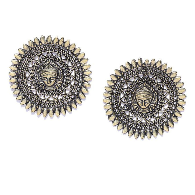 Antique Gold-Toned Goddess Durga Oversized Stud Earrings Antique Gold-Toned Goddess Durga Oversized Stud Earrings