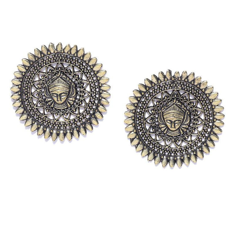 Antique Gold-Toned Goddess Durga Oversized Stud Earrings
