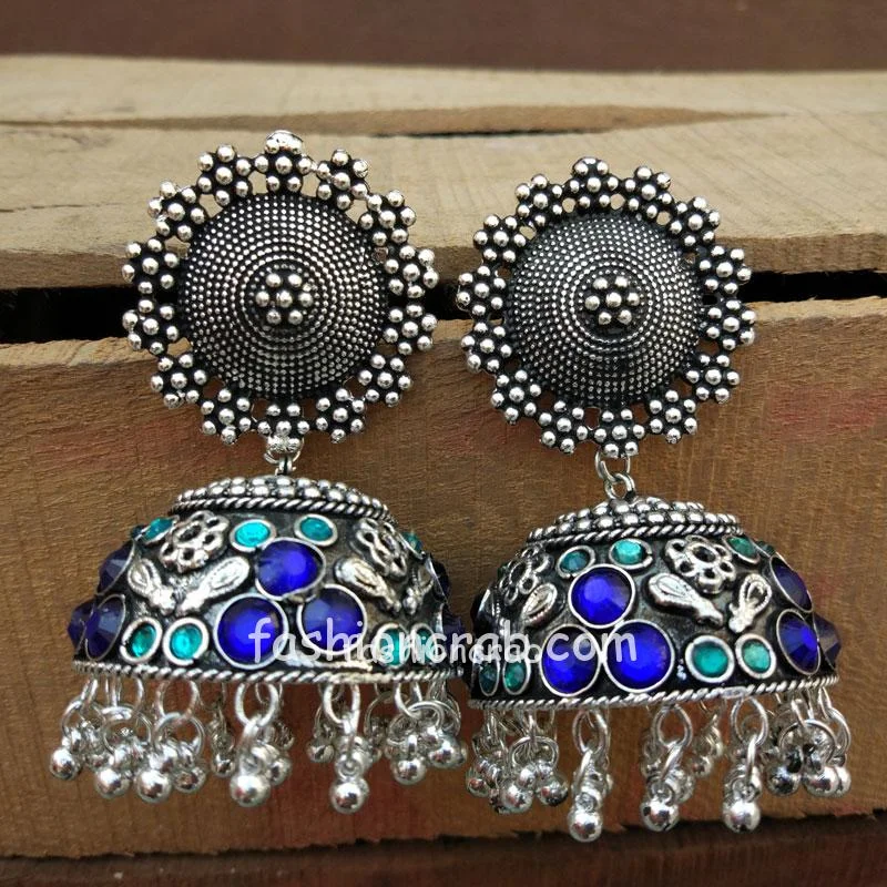 Big Size Blue Green Oxidised Silver Jhumka Earring