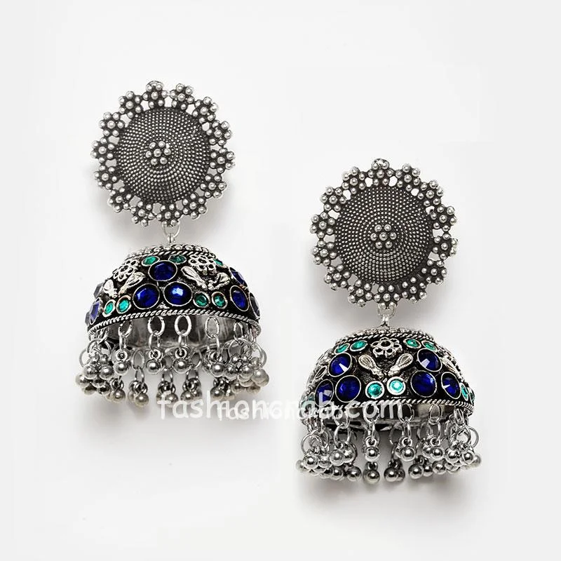 Big Size Blue Green Oxidised Silver Jhumka Earring