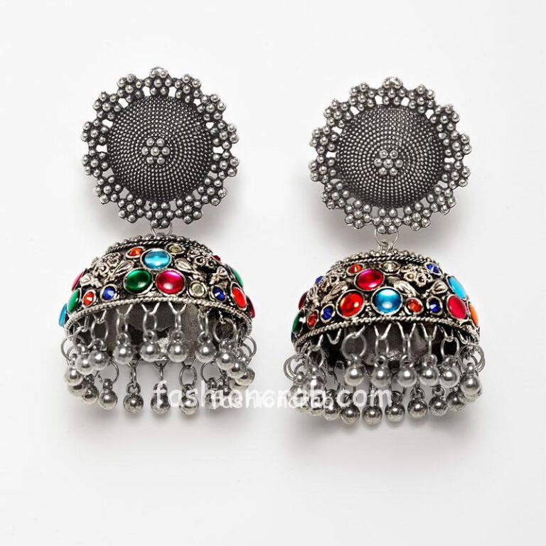 Big Size Multicolor Oxidised Silver Jhumka Earring