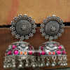 Big Size Pink Orange Oxidised Silver Jhumka Earring