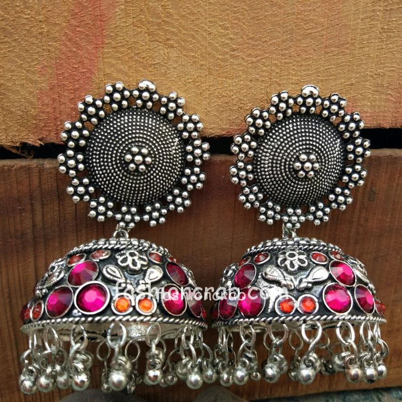 Big Size Pink Orange Oxidised Silver Jhumka Earring