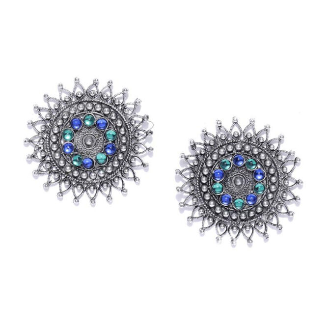 Blue Green Crystal Oxidized Silver Plated Stud Earring